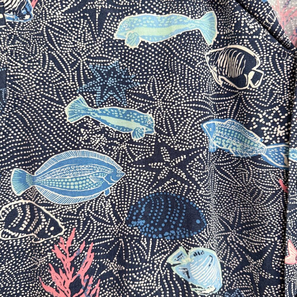 VTG Kahala Mens Atomic Fish Hawaiian Aloha Button Up Shirt XL Blue Linen Blend